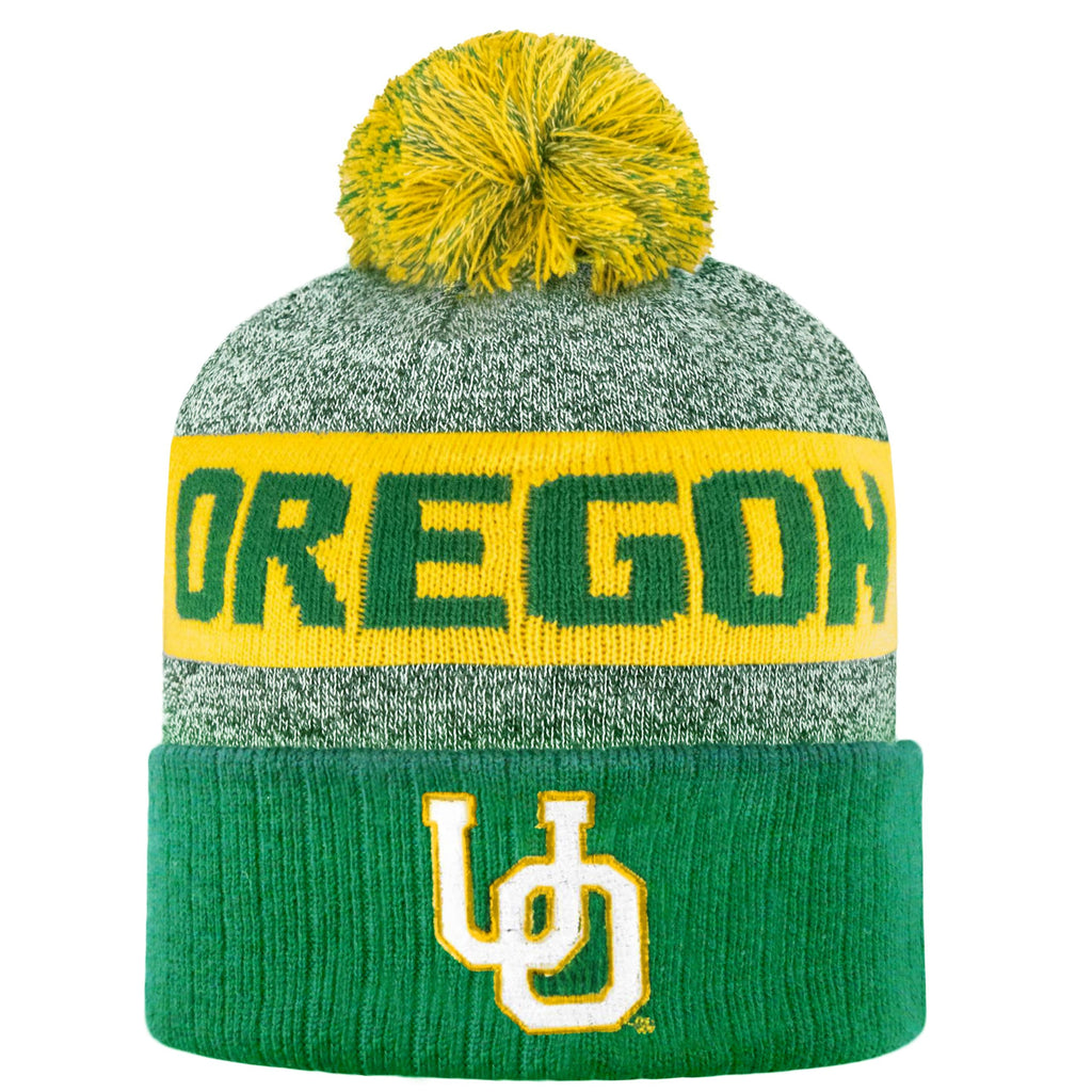 LogoFit NCAA Team Color-Embroidered Logo -Cuffed Knit Skully Beanie Pom Hat-Oregon-OSFM