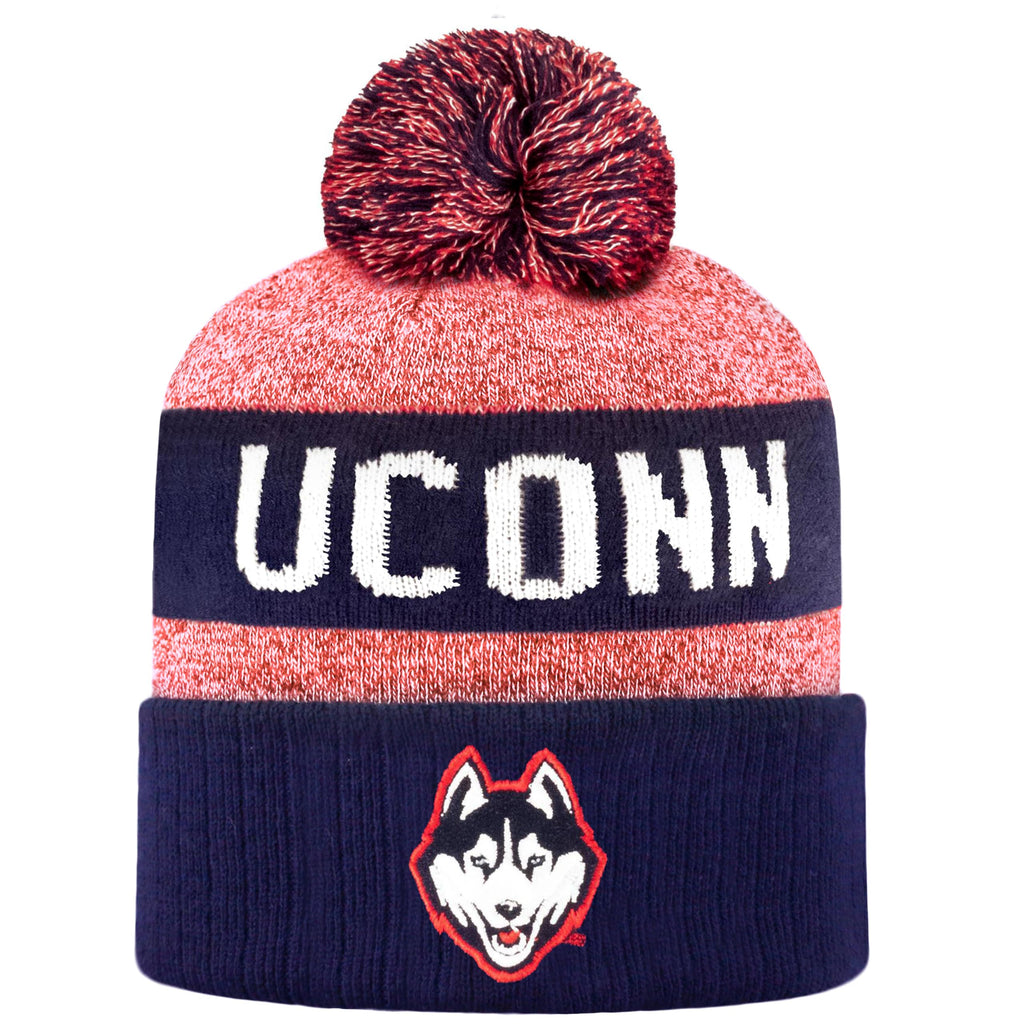 LogoFit NCAA Team Color-Embroidered Logo -Cuffed Knit Skully Beanie Pom Hat-Connecticut-OSFM