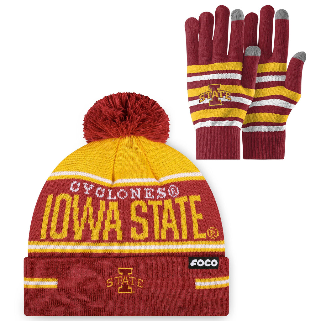 FOCO Iowa State Cyclones NCAA Stretch Glove & Big Wordmark Stripe Pom Beanie - Bundle