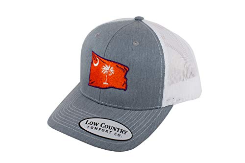 Low Country Comfort Co. Official South Carolina Wavy Flag Hat - Embroidered On Comfortable Tucker Hat! (Heather Grey/White Clemson Orange Flag)