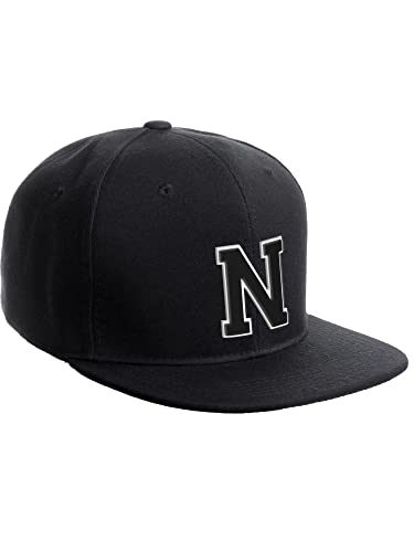 Classic Snapback Hat Custom A to Z Initial Raised Letters, Black Cap White Black Letter Initial N