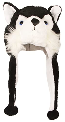 Cute Plush Animal Character Winter Hat Fun Ski Cap with Detailed Animal Face Long Ear Straps with Pom Pom Ends (Black Husky)