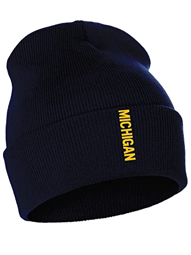Daxton Vertical USA Cities Cuffed Beanie Winter Knit Hat Skully Cap, Michigan Navy Gold