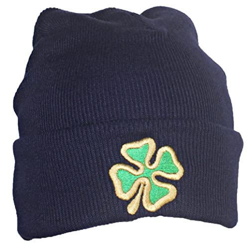 Best Winter Hats Adult Embroidered Shamrock 4 Leaf Clover Beanie - Navy/Gold