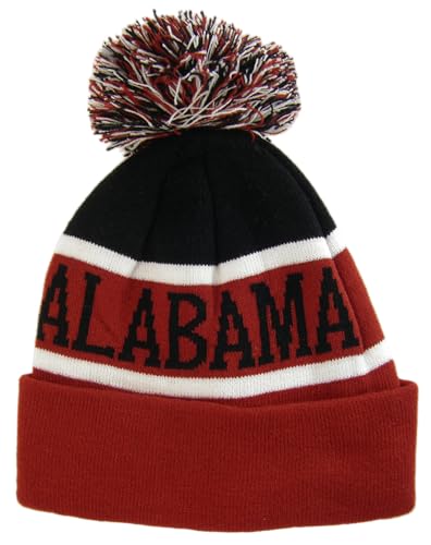 Alabama Wide Stripe Winter Knit Pom Beanie Hat (Black/Crimson)