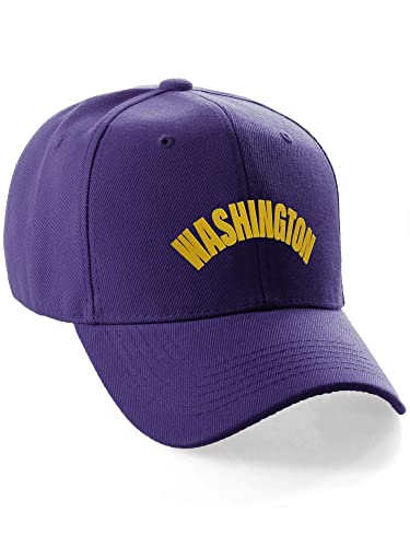 Daxton USA Cities States Baseball Hat Cap Arch Letters, Washington Purple Gold