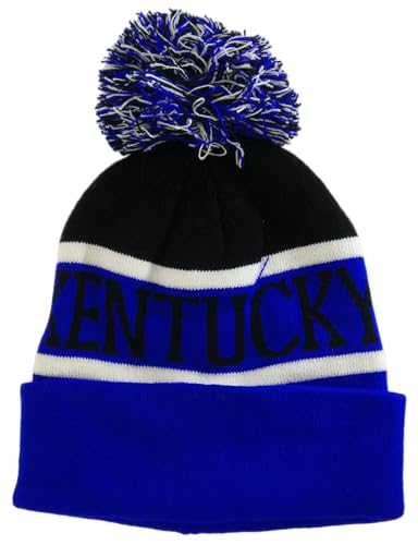 Kentucky Wide Stripe Winter Knit Pom Beanie Hat (Black/Royal Blue)