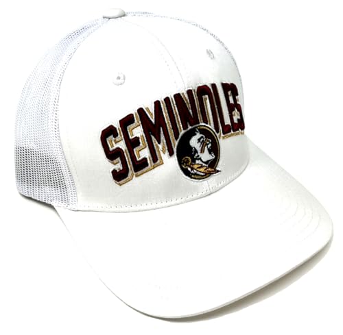 National Cap Eliminator FSU Florida State Seminoles Text Logo Curved Bill Mesh Trucker Snapback Hat White