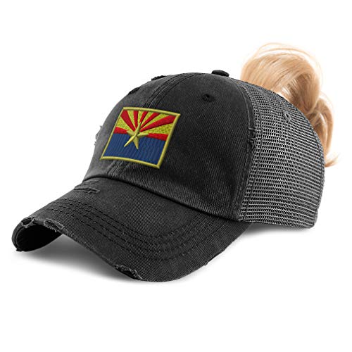 Womens Ponytail Cap Arizona State Flag Embroidery Cotton Messy Bun Distressed Trucker Hats Strap Closure Black Design Only