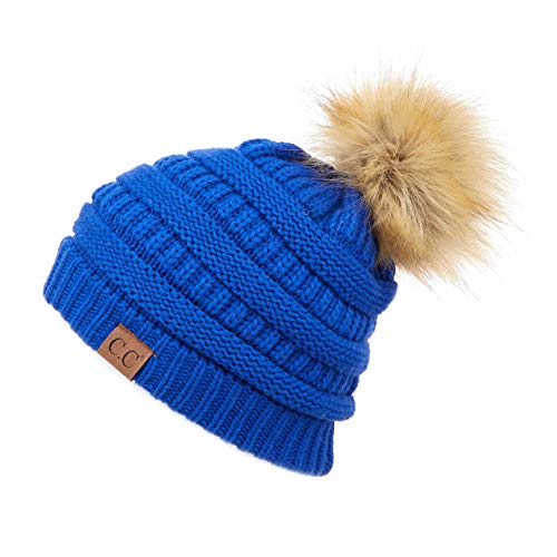 C.C Hatsandscarf Exclusives Unisex Solid Ribbed Beanie with Pom (HAT-43) (Royal Blue)