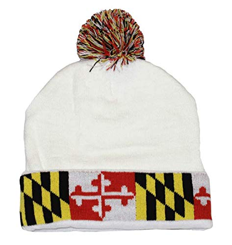 Route One Apparel | Maryland Slouchy Knit Beanie Cap, White and Maryland Flag Design with Pom, Mens, Womens, Unisex, 100% Acrylic, One Size Fits All