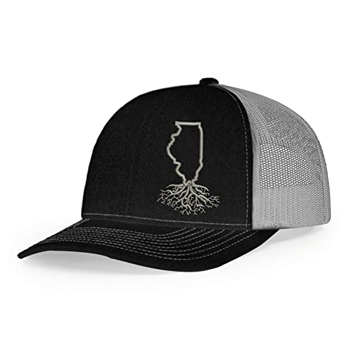 WYR Clothing - Snapback Hat with Illinois Roots Design, Polyester Cotton Baseball Cap, Six-Panel Trucker Hats, Black & Gray Mesh