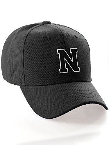 Classic Baseball Hat Custom A to Z Initial Team Letter, Black Cap White Black Letter N