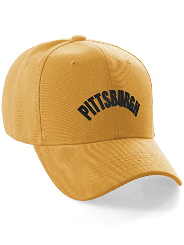 Daxton USA Cities States Baseball Hat Cap Arch Letters, Pittsburgh Gold Black
