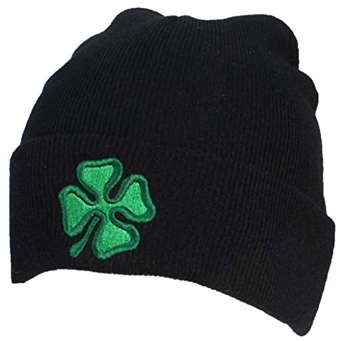 Best Winter Hats Adult Embroidered Green Shamrock 4 Leaf Clover Beanie - Black