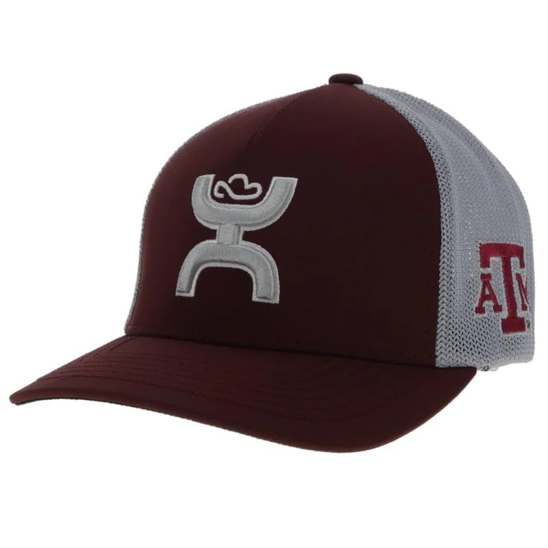 HOOEY Officially Licensed Collegiate Flexfit Hat (Small/Medium, Texas A&M - Maroon/Grey White)