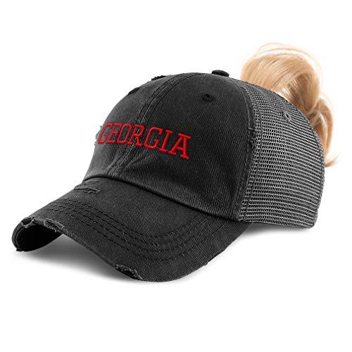 Womens Ponytail Cap Georgia State America USA D Embroidery Cotton Distressed Trucker Hats Strap Closure Black Design Only - Campus Hats