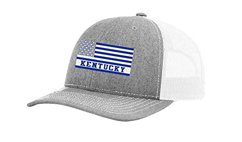 Kentucky Football Team Colors American Flag Embroidered Football Team Flag Mesh Back Trucker Hat, Heather Grey/White