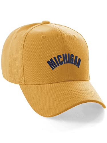 Daxton USA Cities States Baseball Hat Cap Arch Letters, Michigan Gold Navy