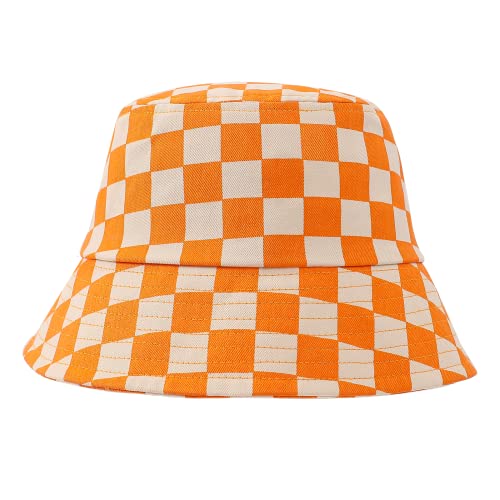 GuanGu Cute Bucket Hat for Women Men Stylish Checkerboard Plaid Fisherman Cap Packable Travel Beach Sun Hat Orange and White