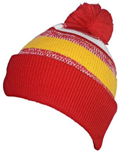 Best Winter Hats Quality Variegated Stripe Solid Cuff Beanie W/Large Pom - Red/Gold