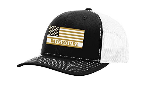 Missouri Football Team Colors American Flag Embroidered Football Team Flag Mesh Back Trucker Hat, Black/White