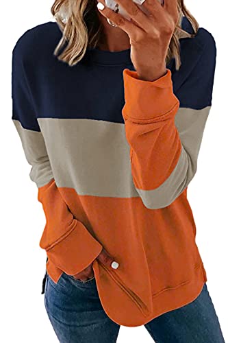 CNFUFEN Womens Fall Clothes Fashion Cute Long Sleeve Sweatshirt Color Block Striped O Neck Blouse Pullover Sweatshirts Tops Orange L