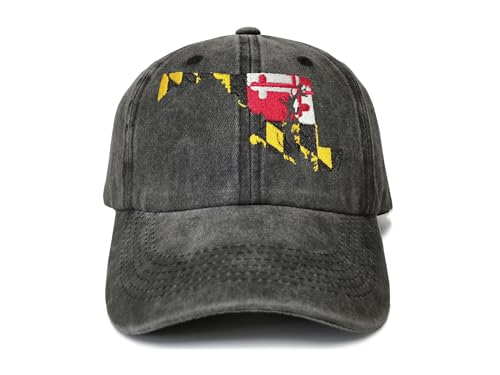 Shenbors Embroidered Maryland State Flag Hat for Kids Women Men, Washed Black Distressed Denim Baseball Cap Adjustable Dad Hat Unisex