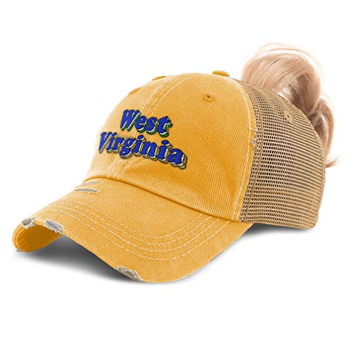 Womens Ponytail Cap West Virginia Love America Cotton USA Distressed Trucker Caps Mustard Design Only