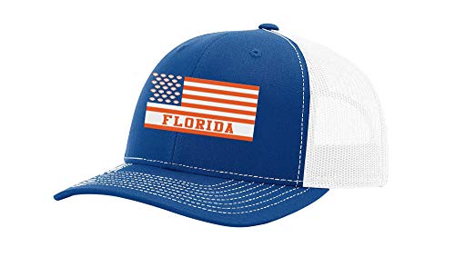 Florida Football Team Colors American Flag Embroidered Football Team Flag Mesh Back Trucker Hat, Royal/White