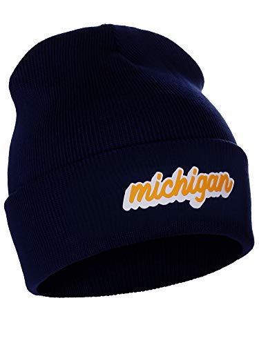 I&W Classic USA Cities Winter Knit Cuffed Beanie Hat 3D Raised Layer Letters, Michigan Navy, White Gold