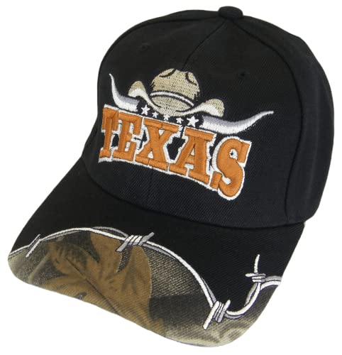Texas Longhorn Cowboy Hat Barbed Wire Adult Size Adjustable Baseball Cap (Black)