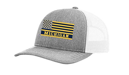 Michigan Football Team Colors American Flag Embroidered Football Team Flag Mesh Back Trucker Hat, Heather Grey/White