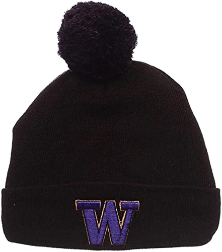 Zephyr Washington Huskies Black Cuff Beanie Hat with POM POM - NCAA Cuffed Winter Knit Toque Cap