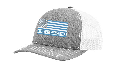 North Carolina Football Team Colors American Flag Embroidered Football Team Flag Mesh Back Trucker Hat, Heather Grey/White