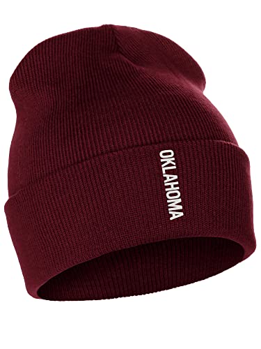 Daxton Vertical USA Cities Cuffed Beanie Winter Knit Hat Skully Cap, Oklahoma Burgundy White