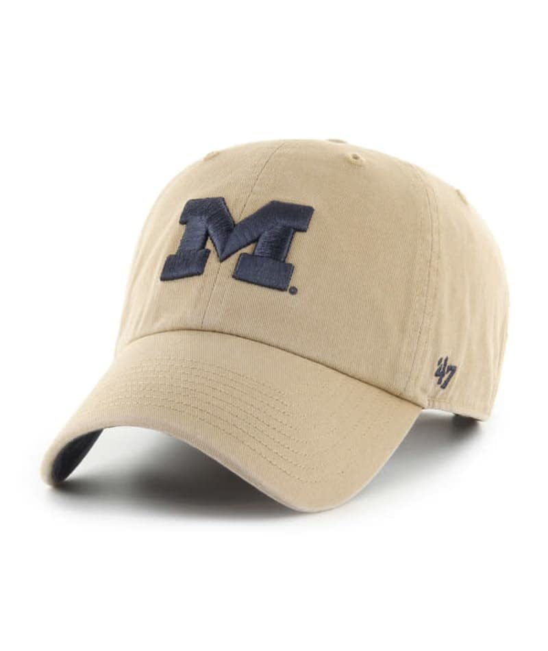'47 Michigan Wolverines Mens Womens Ballpark Clean Up Adjustable Strapback Khaki Hat with Black Logo