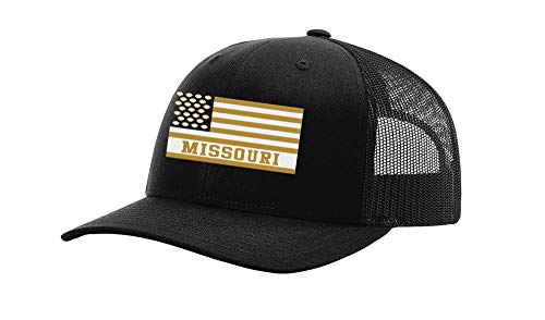 Missouri Football Team Colors American Flag Embroidered Football Team Flag Mesh Back Trucker Hat, Black/Black