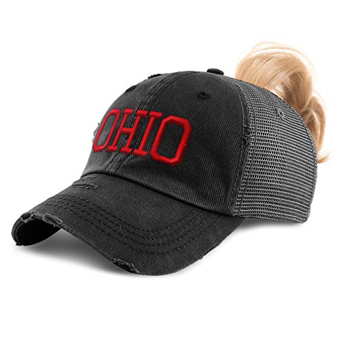 Womens Ponytail Cap Ohio State USA America B Embroidery Cotton Distressed Trucker Hats Strap Closure Black Design Only