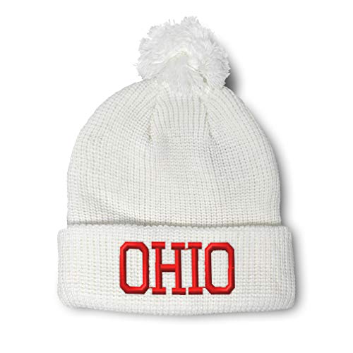 Pom Pom Beanies for Women Ohio State USA America B Embroidery Skull Cap United States State Map Names Winter Hats for Men Acrylic 1 Size White Design Only