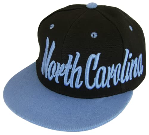 North Carolina Offset Cursive Writing Snapback Baseball Cap (Black/Light Blue) One Size