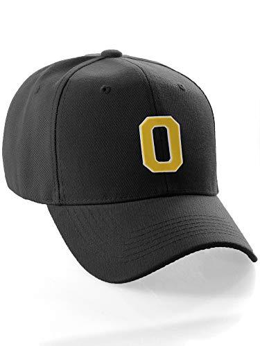 Classic Baseball Hat Custom A to Z Initial Team Letter, Black Cap White Gold Letter O - Campus Hats