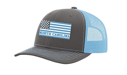 North Carolina Football Team Colors American Flag Embroidered Football Team Flag Mesh Back Trucker Hat, Charcoal/Carolina Blue
