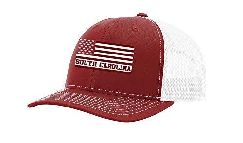 South Carolina Football Team Colors American Flag Embroidered Football Team Flag Mesh Back Trucker Hat, Cardinal/White