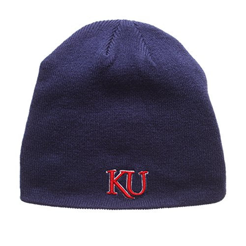 Kansas Jayhawks Royal Blue Edge Skull Cap - NCAA Cuffless Winter Knit Beanie Toque Hat