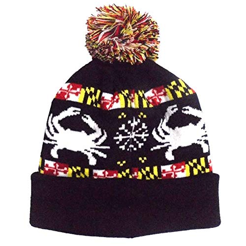 Route One Apparel | Maryland Flag Stripe White Crab and White Snowflake Black Knit Beanie Cap with Pompom