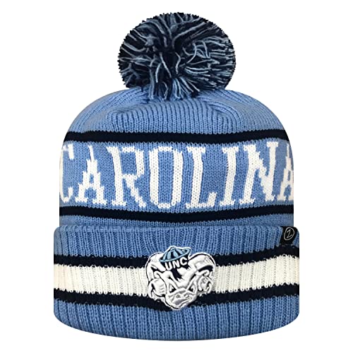 Zephyr NCAA Team Color-Retro Logo -Cuffed Knit Skully Beanie Pom Hat-North Carolina Tar Heels-One Size Fits Most