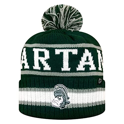 Zephyr NCAA Team Color-Retro Logo -Cuffed Knit Skully Beanie Pom Hat-Michigan State Spartans-One Size Fits Most