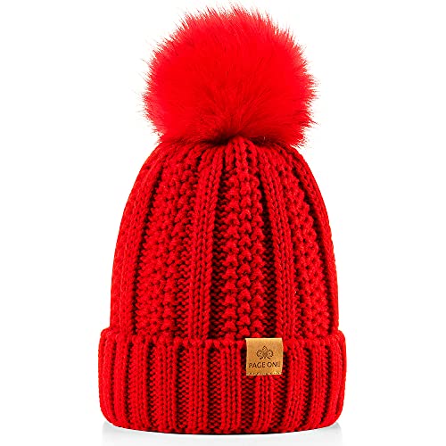 PAGE ONE Womens Winter Thick Cable Knit Beanie Faux Fur Pom Hat Fleece Lined Skull Cap Red