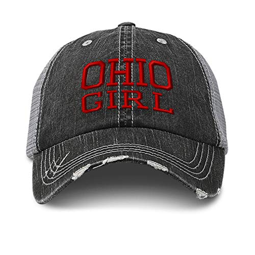 Custom Distressed Trucker Hat Ohio Girl State USA America Embroidery Cotton for Men & Women Strap Closure Black Gray Design Only
